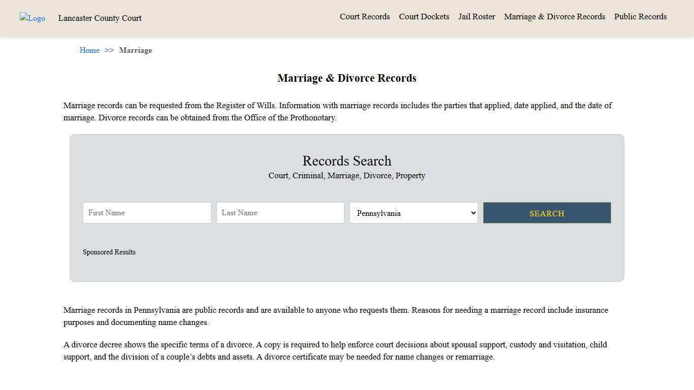 Marriage & Divorce Records | Lancaster County Court
